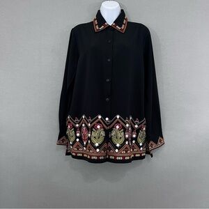 Victor Costa Occasions Black Button Embroidered Long Sleeve Blouse
